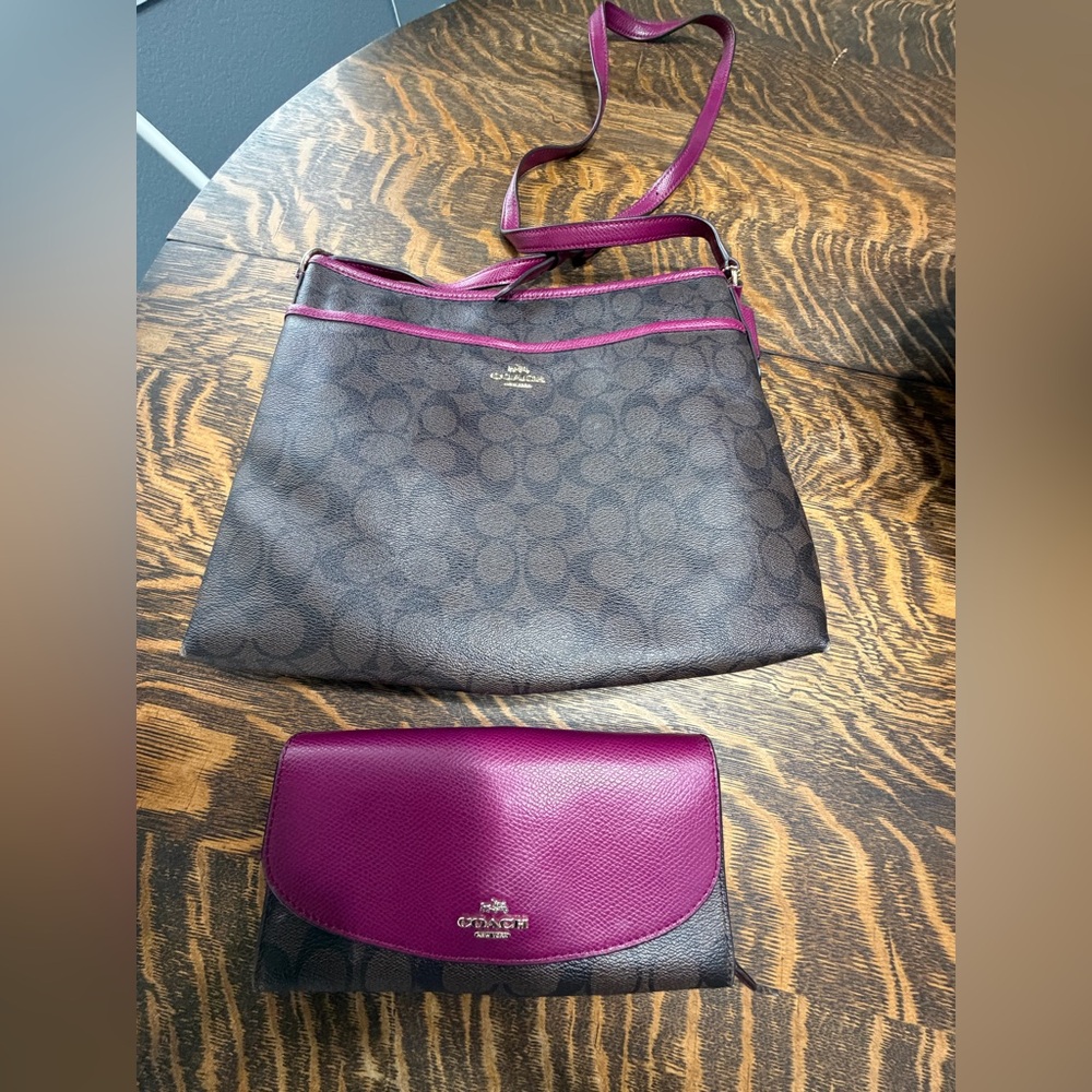 Coach Brown Monogram Crossbody with Magenta Trim
